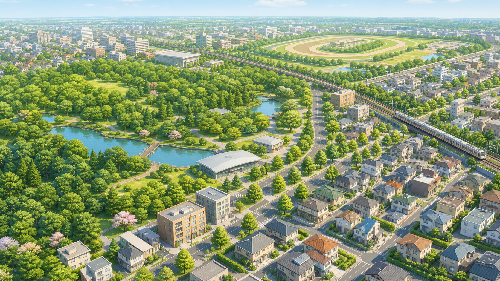 府中市の公園、競馬場、けやき並木、住宅地をモチーフにした地域イメージ