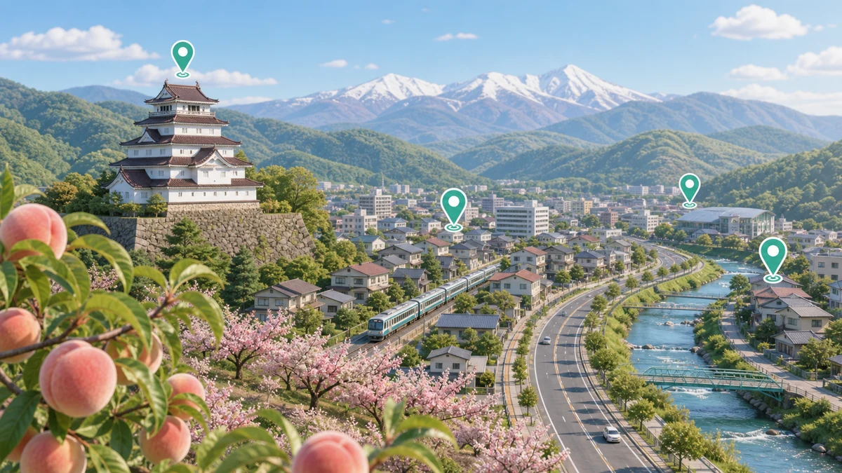 福島県の会津の城、桃、山並みをモチーフにした地域イメージ