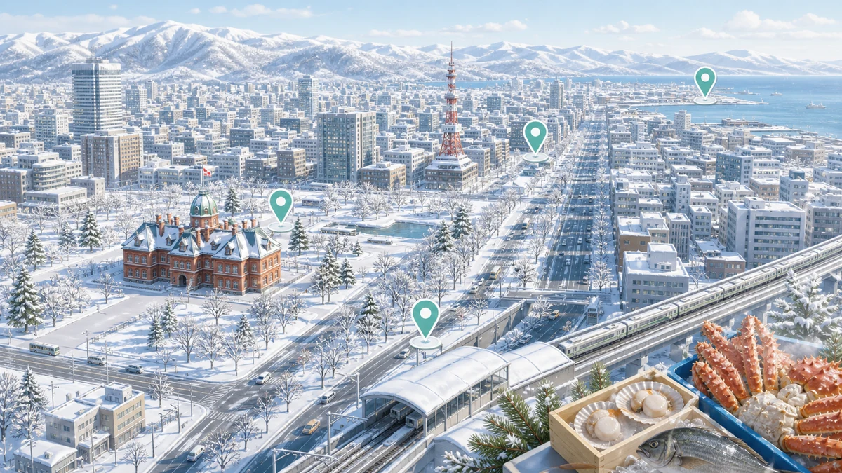 北海道の雪景色、札幌の街、海産物をモチーフにした地域イメージ