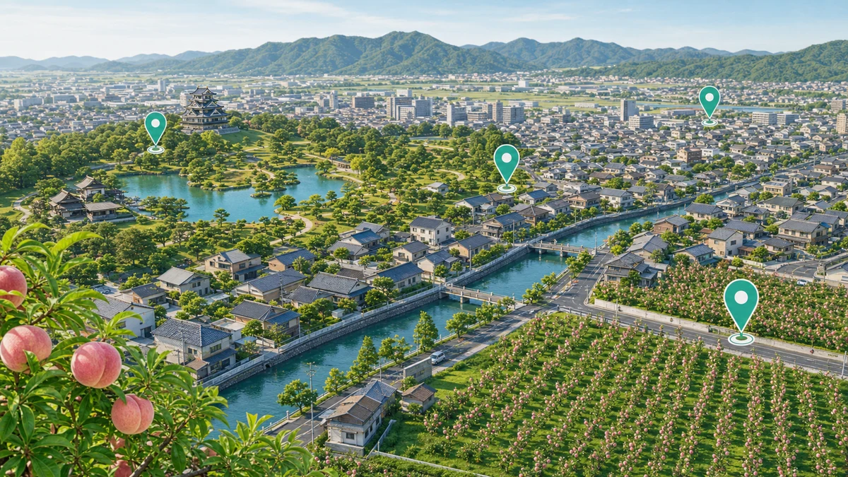 岡山県の後楽園、桃、用水路をモチーフにした地域イメージ