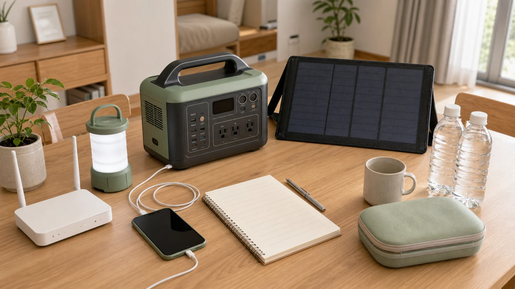 ポータブル電源、ソーラーパネル、Wi-Fiルーター、飲料水、ランタンを並べて停電時の備えを比較するイメージ