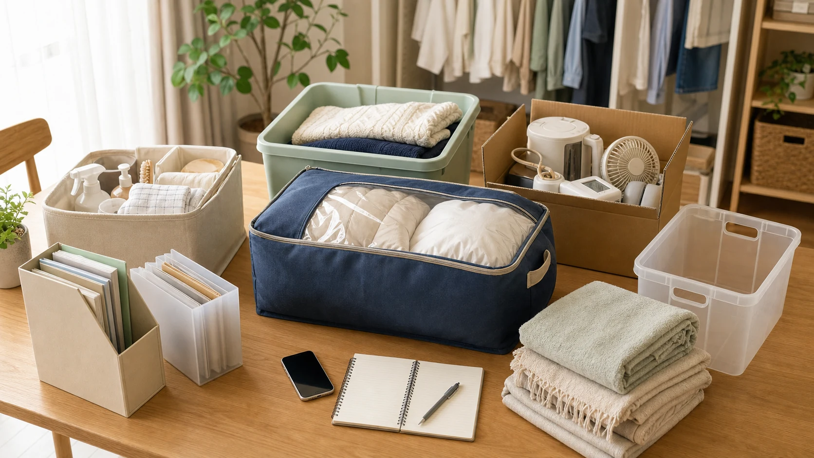 日常で使う荷物、季節物、布団、書類、小型家電を分けて一時保管の必要性を確認するイメージ